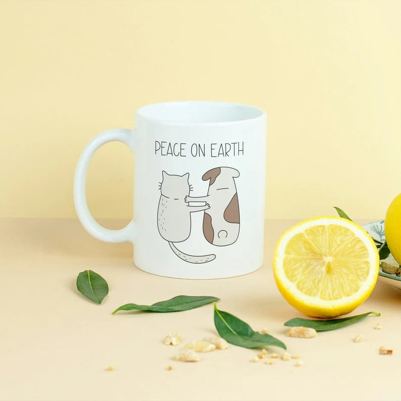 Cute Cat And Dog Mug, Peace On Earth Cup, Animal Lover Gift, For Dog And Cat Owner, Cute Friends Mug, Funny Coffee Mug, Friendship Mug