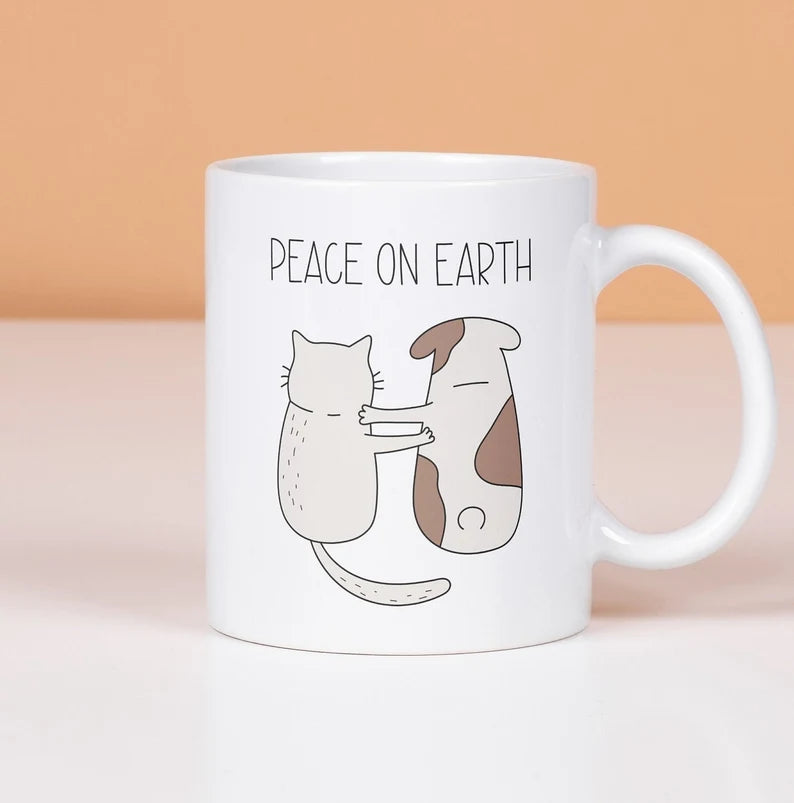 Cute Cat And Dog Mug, Peace On Earth Cup, Animal Lover Gift, For Dog And Cat Owner, Cute Friends Mug, Funny Coffee Mug, Friendship Mug