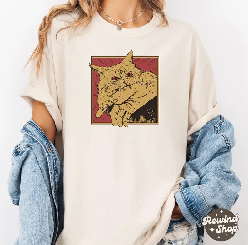 Vintage Cat Bite Shirt, Japanese Horror Anime TShirt, Retro Graphic Tee, Horror Cat Shirt, Cats Crazy Shirts Cool Graphic Unisex T Shirts
