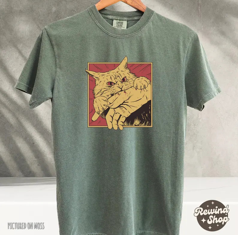 Vintage Cat Bite Shirt, Japanese Horror Anime TShirt, Retro Graphic Tee, Horror Cat Shirt, Cats Crazy Shirts Cool Graphic Unisex T Shirts
