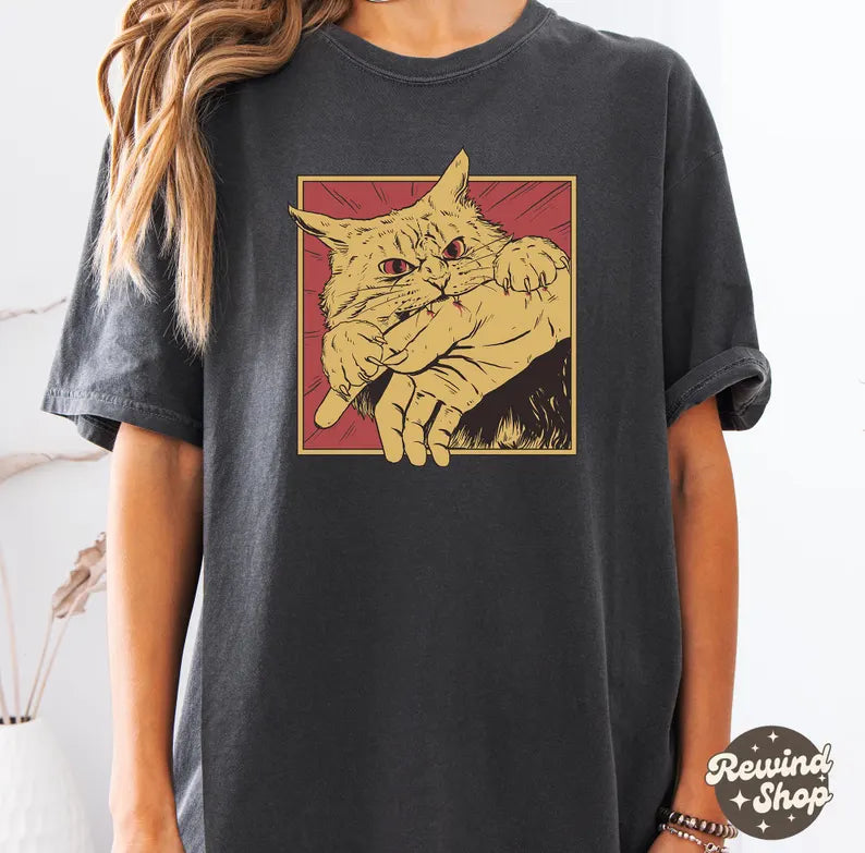 Vintage Cat Bite Shirt, Japanese Horror Anime TShirt, Retro Graphic Tee, Horror Cat Shirt, Cats Crazy Shirts Cool Graphic Unisex T Shirts