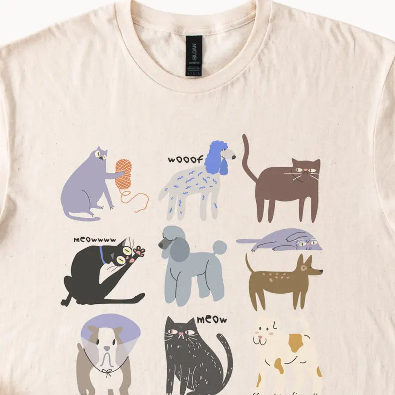 funny illustrated cat and dog graphic t shirt cute doodle animal design comfortable pet lover tee top