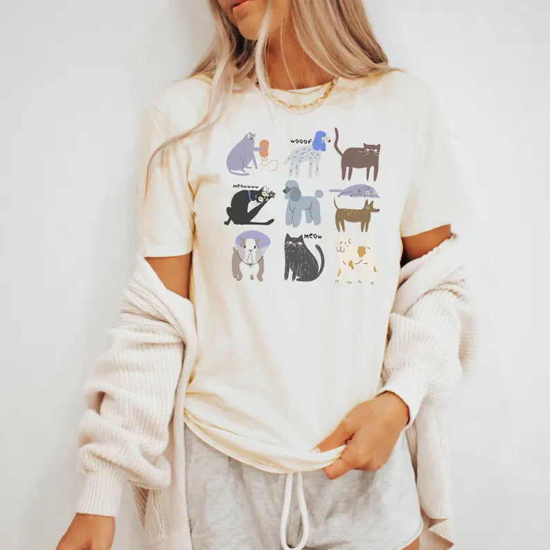 funny illustrated cat and dog graphic t shirt cute doodle animal design comfortable pet lover tee top