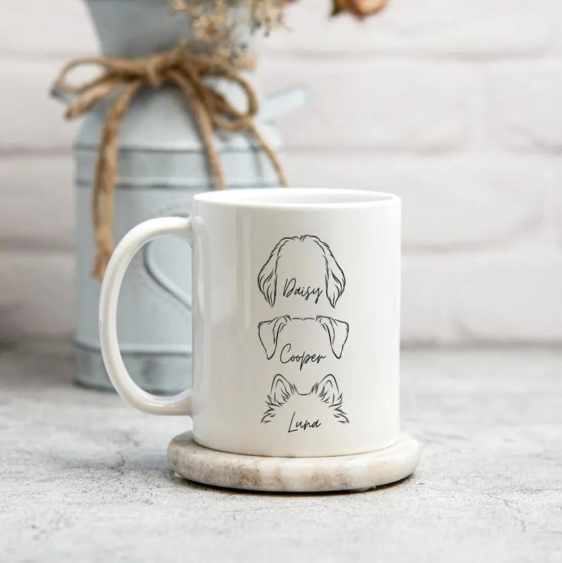 Custom Pet Mug with Dog Ear Outline, Personalized Dog Lover Gift, Pet Name Mug, Minimalist Pet Portrait, Dog Mom Gift,Custom Dog Outline Mug