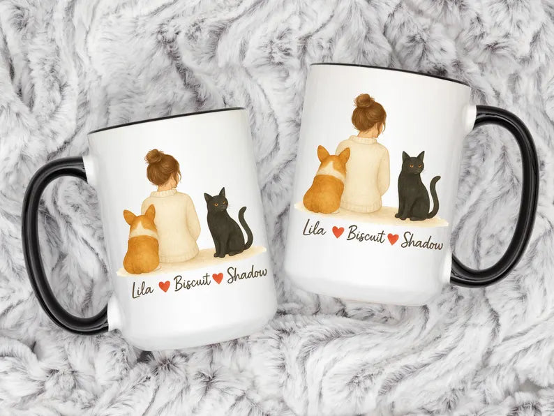 Custom Dog And Cat Mug Personalized Pet Names Gift For Her Pet Lover Coffee Cup Cute Woman With Pets Illustration