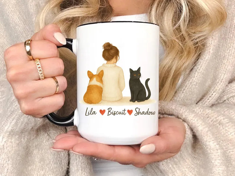 Custom Dog And Cat Mug Personalized Pet Names Gift For Her Pet Lover Coffee Cup Cute Woman With Pets Illustration