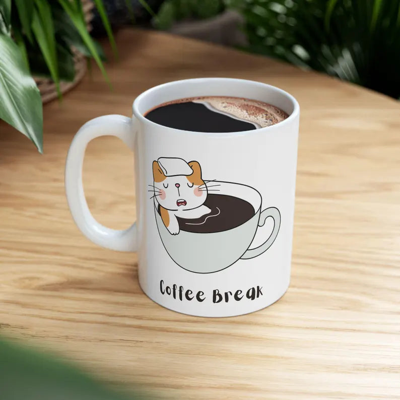 Coffee Break Cat Mug, Funny Cat Coffee Mug, Cat Lover Gift, Cute Animal Ceramic Mug, Relaxing Morning Mug, Animal Lover, Cat Enthusiasts