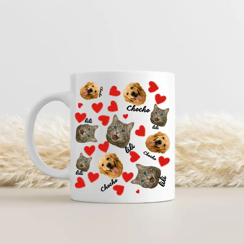 Personalized Pet Photo Mug with Names, Custom Dog Cat Face Cup, Cute Heart Pattern Gift for Pet Lovers, Custom Pet Portrait Coffee Mug
