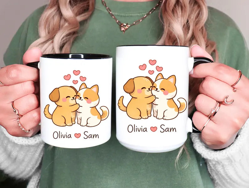 Personalized Cute Dog And Cat Couple Coffee Mug Gift Romantic Pet Lover Valentine Anniversary Cup With Names