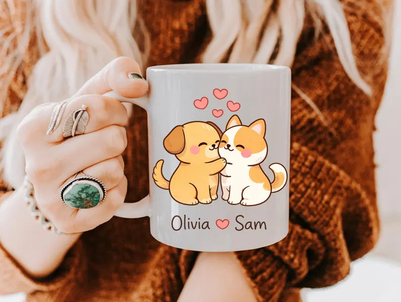 Personalized Cute Dog And Cat Couple Coffee Mug Gift Romantic Pet Lover Valentine Anniversary Cup With Names