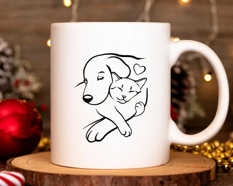 Cat and Dog Hug Mug, Minimal Pet Silhouette Coffee Mug, Animal Lover Gift, Cute Cat Dog Cup, Pet Lover Mug