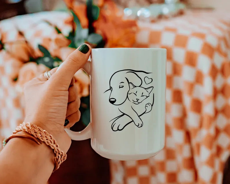 Cat and Dog Hug Mug, Minimal Pet Silhouette Coffee Mug, Animal Lover Gift, Cute Cat Dog Cup, Pet Lover Mug