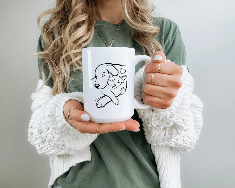 Cat and Dog Hug Mug, Minimal Pet Silhouette Coffee Mug, Animal Lover Gift, Cute Cat Dog Cup, Pet Lover Mug