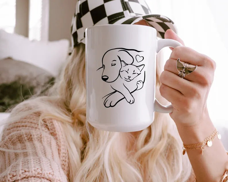 Cat and Dog Hug Mug, Minimal Pet Silhouette Coffee Mug, Animal Lover Gift, Cute Cat Dog Cup, Pet Lover Mug