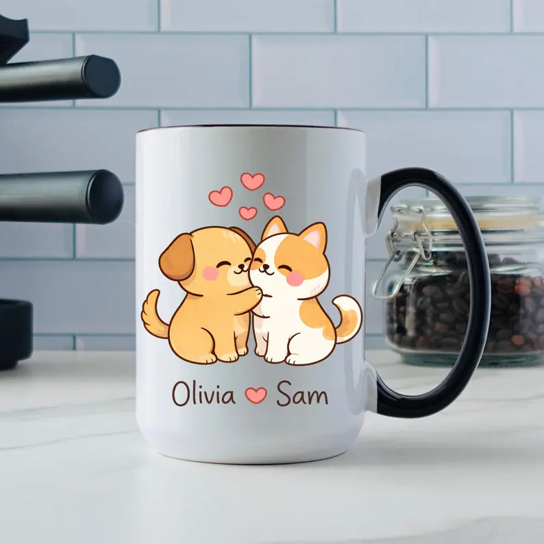 Personalized Cute Dog And Cat Couple Coffee Mug Gift Romantic Pet Lover Valentine Anniversary Cup With Names
