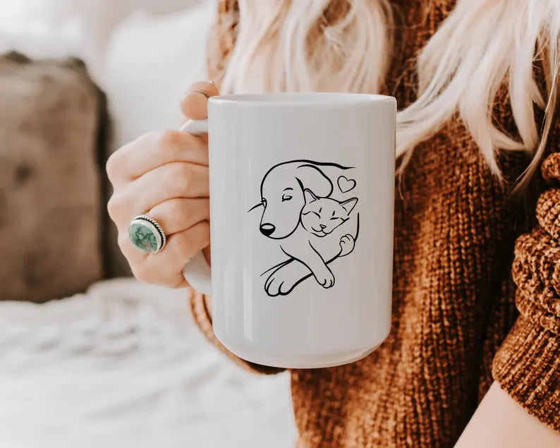 Cat and Dog Hug Mug, Minimal Pet Silhouette Coffee Mug, Animal Lover Gift, Cute Cat Dog Cup, Pet Lover Mug
