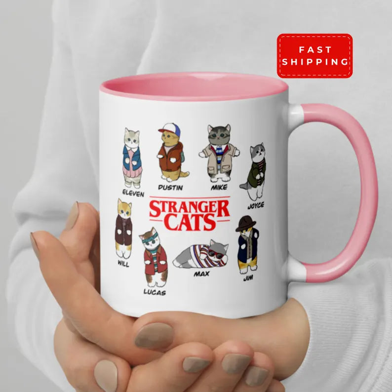 Stranger Cats Mug, Cat Lover Gift, Funny Cat Mug, Upside Down Mug, Dog Cat Lover Mug, Retro Sci Fi Cat