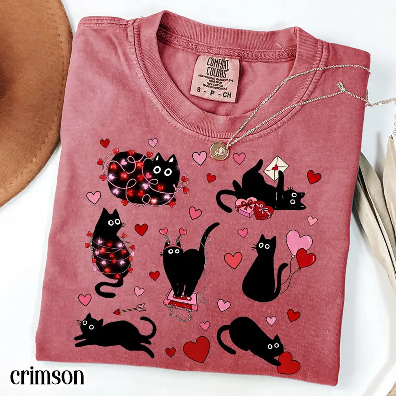 Cat Valentines Day Comfort Colors Shirt Black Cat Heart T-Shirt Cute Kitty Vday Tee Cat Lover Tee Animal Love Tshirt For Mom or Girlfriend